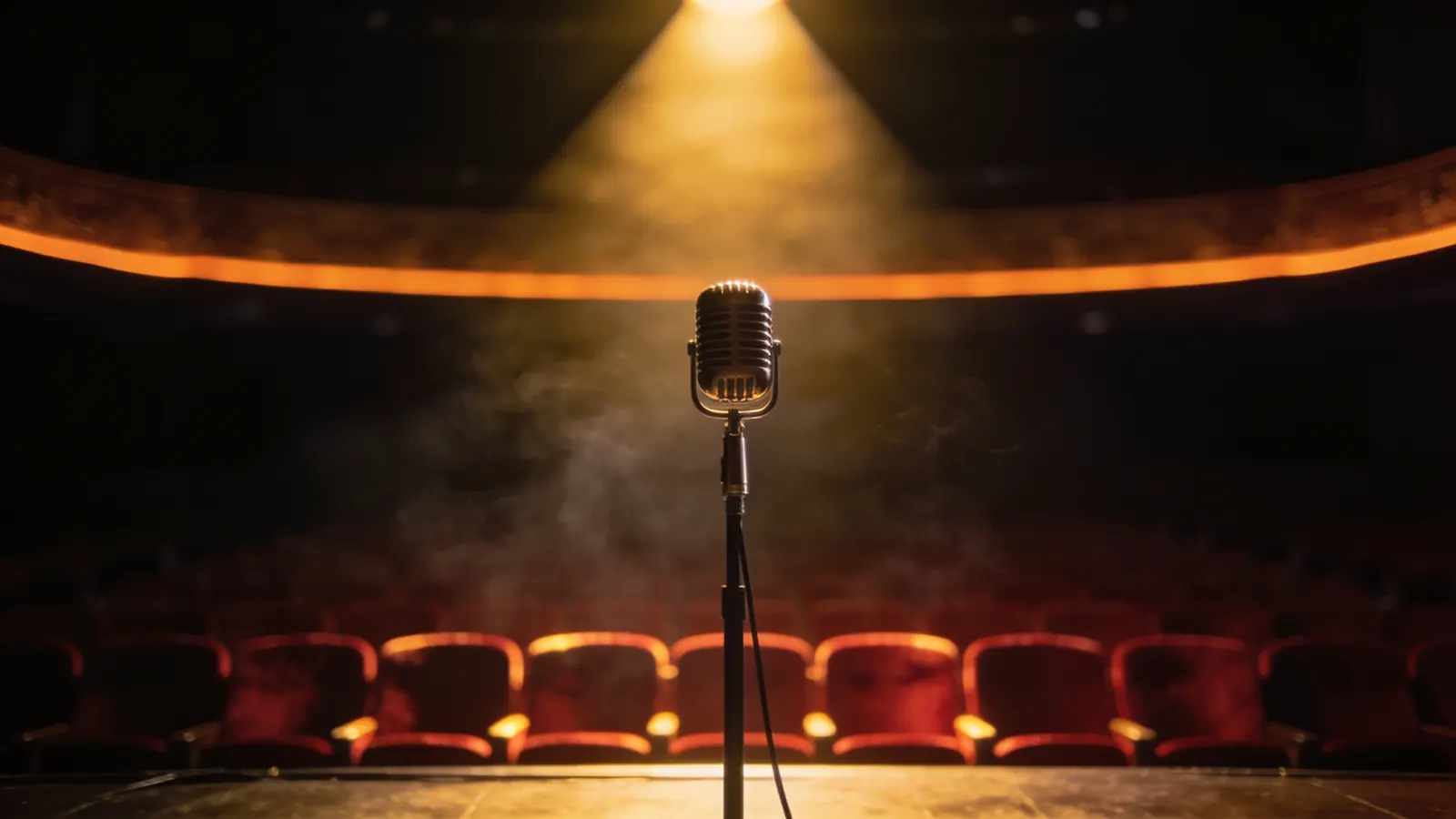 Escenario de teatro vacío con un micrófono bajo el reflector y las butacas rojas al fondo